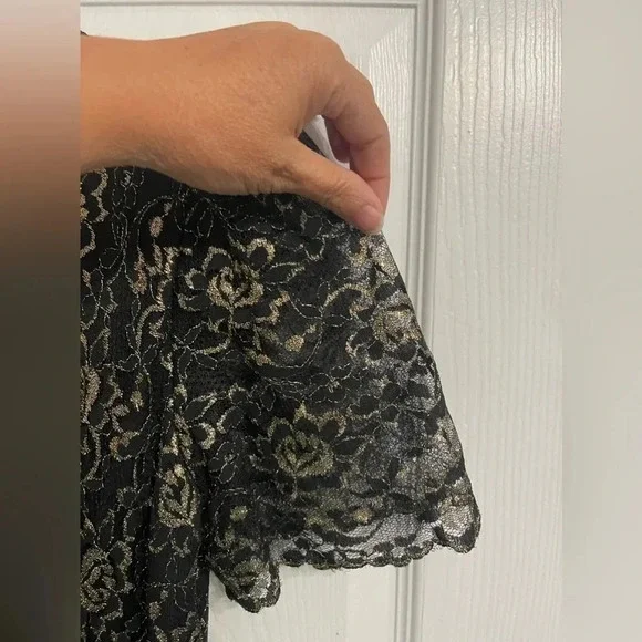 Vintage Unbranded Black Gold Lace Formal Party Dress 80s Prom 32 In Waist 8-10 - Picture 4 of 5